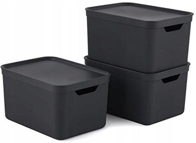 Rotho jive cajas de almacenamiento, juego de 3 cajas de almacenamiento de 16 l con tapa, plástico (pp reciclado), negro antracita, 3x16 (35 x 25 x 20 cm)