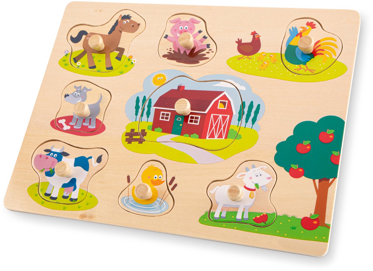 Woet ® rompecabezas de botones de madera granja - 8 piezas de rompecabezas - fsc - rompecabezas de madera con botones - juguetes educativos para niños pequeños - a partir de 2 años