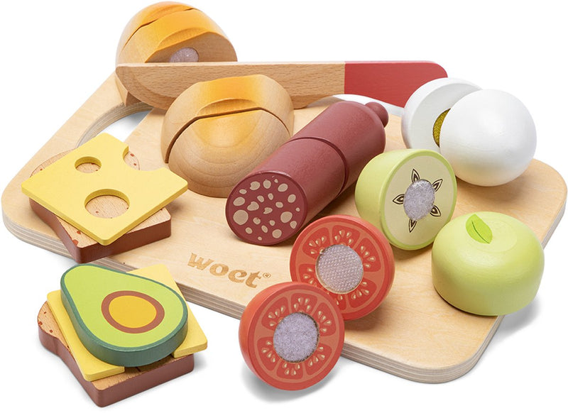 Woet ® set da taglio in legno colazione - set da gioco con tagliere con pane, avocado, formaggio, uova e frutta - cibo giocattolo educativo - giochi di ruolo da cucina - da 2 anni