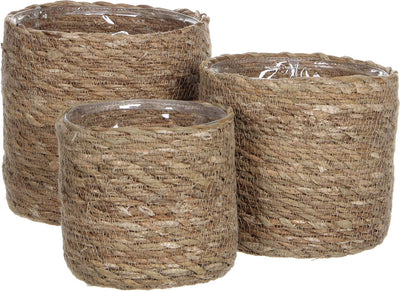 Cesto per piante atlantico con decorazioni in mica - set di 3 - h16 x ø16 cm - erba marina - marrone chiaro