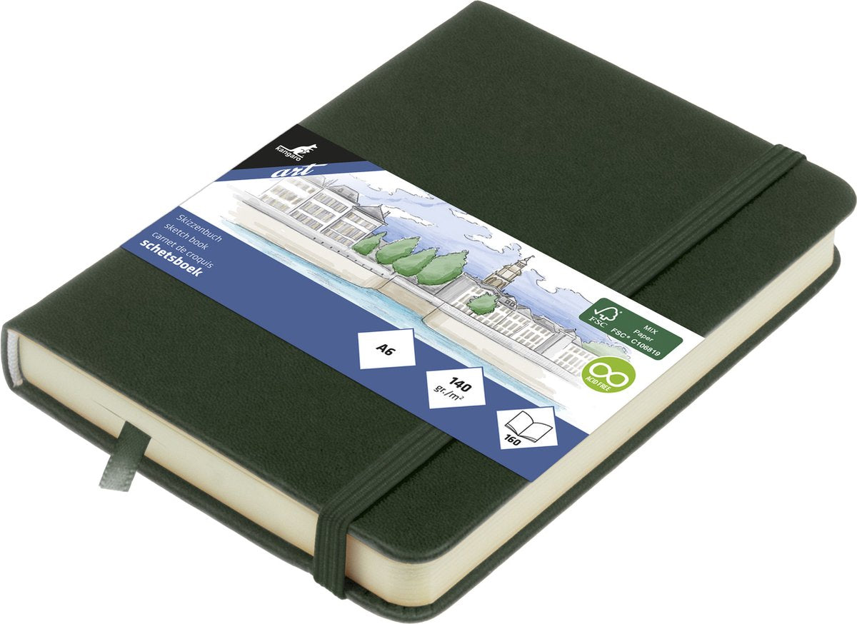 Kangaro schetsboek - a6 - forest green - pu-hardcover - met elastiek en leeslint