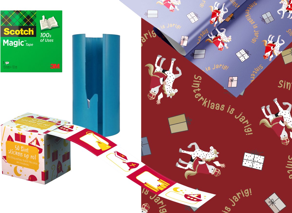 Haza sinterklaas inpak pakket - 4 rollen inpakpapier - plakband - sticker labelbox - met papiersnijder