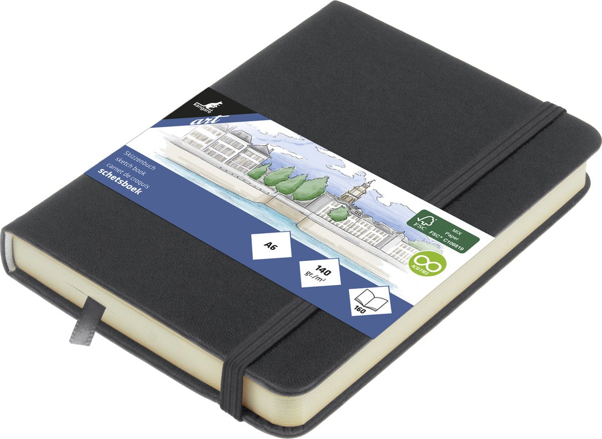 Kangaro schetsboek - a6 - cold grey - pu-hardcover - met elastiek en leeslint