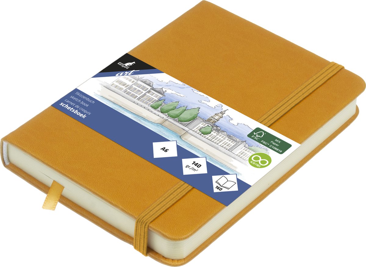 Kangaro schetsboek - a6 - okergeel - pu hardcover - met elastiek en lint