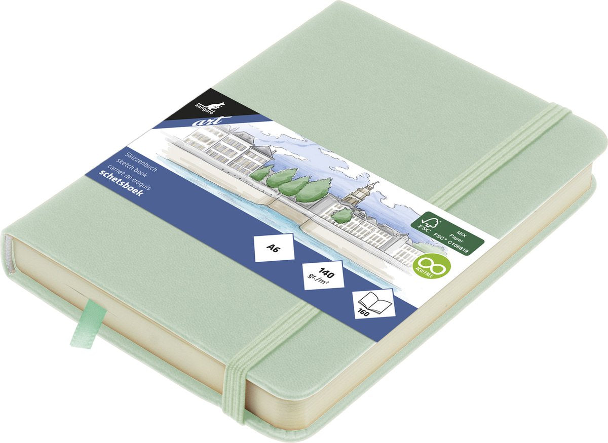 Kangaro schetsboek a6 - mint - pu hardcover - met elastiek en lint - schetsblok - schetsboeken