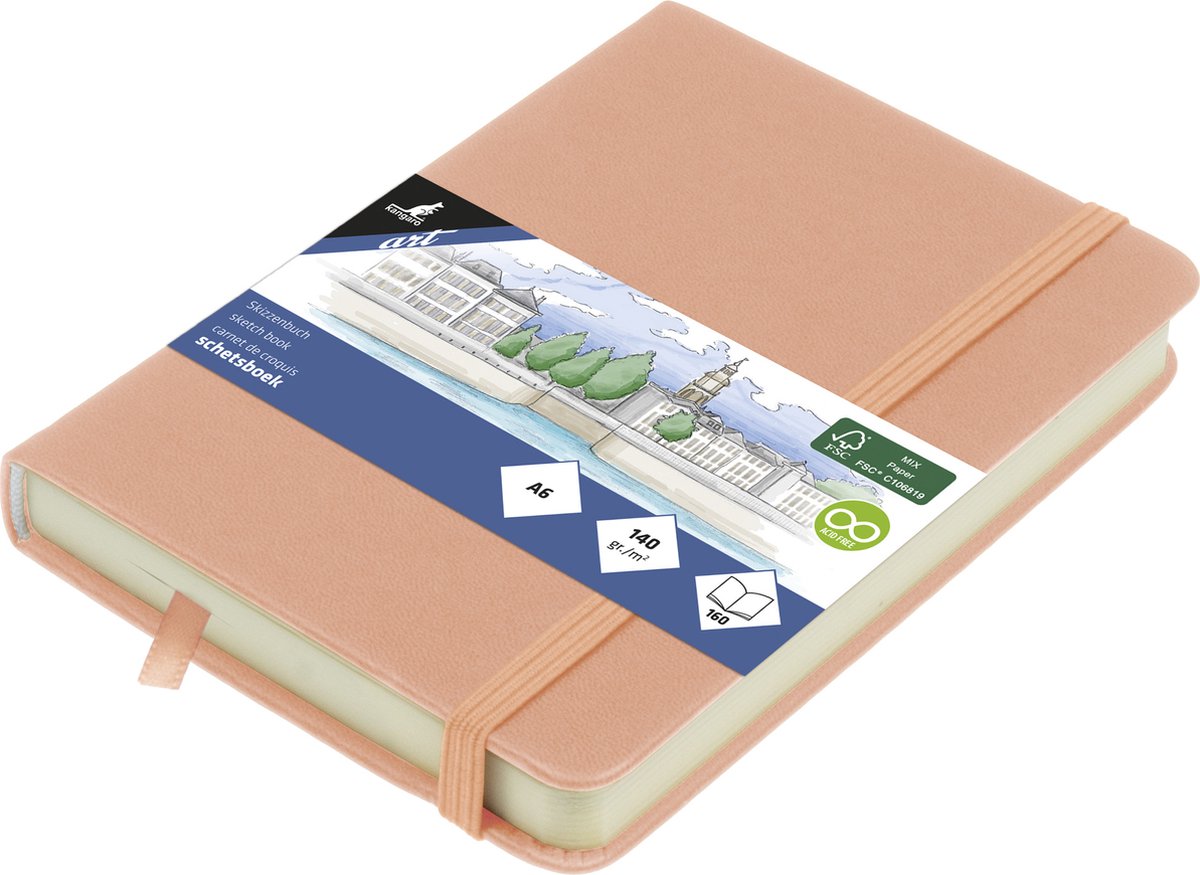 Kangaro schetsboek a6 - oudroze - pu hardcover - met elastiek en lint - schetsblok - schetsboeken