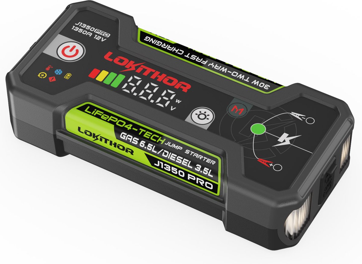 Lokithor jumpstarter j1350 pro - 12v 1350a lifepo4 - powerbank 30w - voor auto, benzine tot 6,5l diesel tot 3,5l - led zaklamp