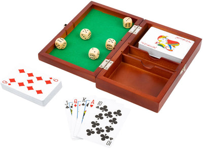Pequeñas cartas de juego y juego de dados en Houten Kist