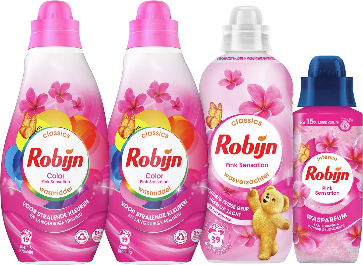 Robijn Perfect Match - Pink Sensation - 4 pezzi - 2x detersivo + 1 ammorbidente + 1 profumo di lavaggio - confezione risparmio