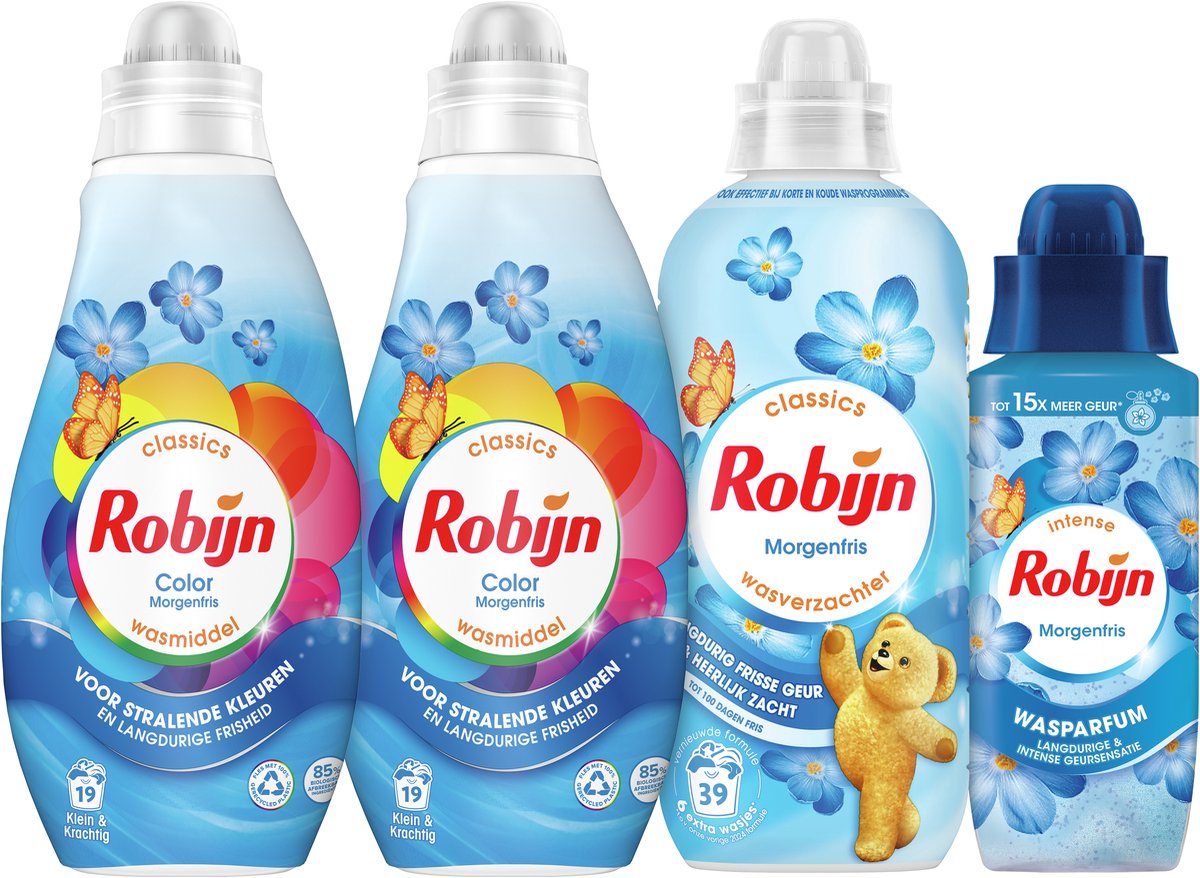 Robijn Perfect Match - Fresco mattutino - 4 pezzi - 2x detersivo + 1 ammorbidente + 1 profumo per il bucato - confezione risparmio