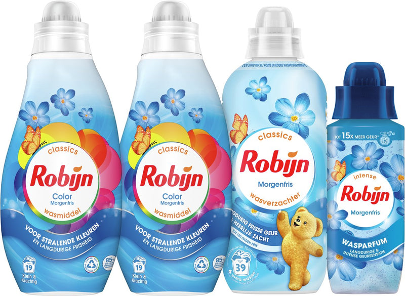 Robijn Perfect Match - Fresco mattutino - 4 pezzi - 2x detersivo + 1 ammorbidente + 1 profumo per il bucato - confezione risparmio