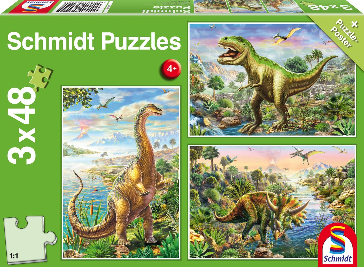 Schmidt - puzzle - avventure con i dinosauri - 3 x 48 pezzi - bambini - da 4 anni
