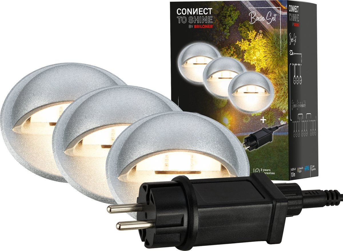 Briloner connect to Shine - Faretto LED da terra per esterno - set da 3 - Starter Set illuminazione da giardino - luce bianca calda - ip65 - ø3,5x3,6 cm - cavo 1,5m