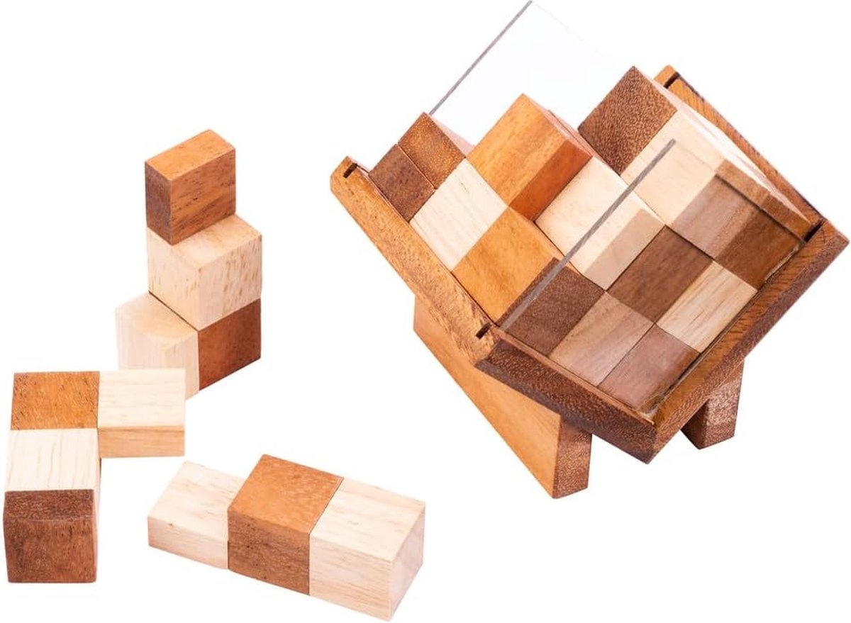 Longfield cube in box – houten hersenkraker – 3d puzzelspel – logisch denkspel – educatief puzzelspel – acaciahout – engelhart