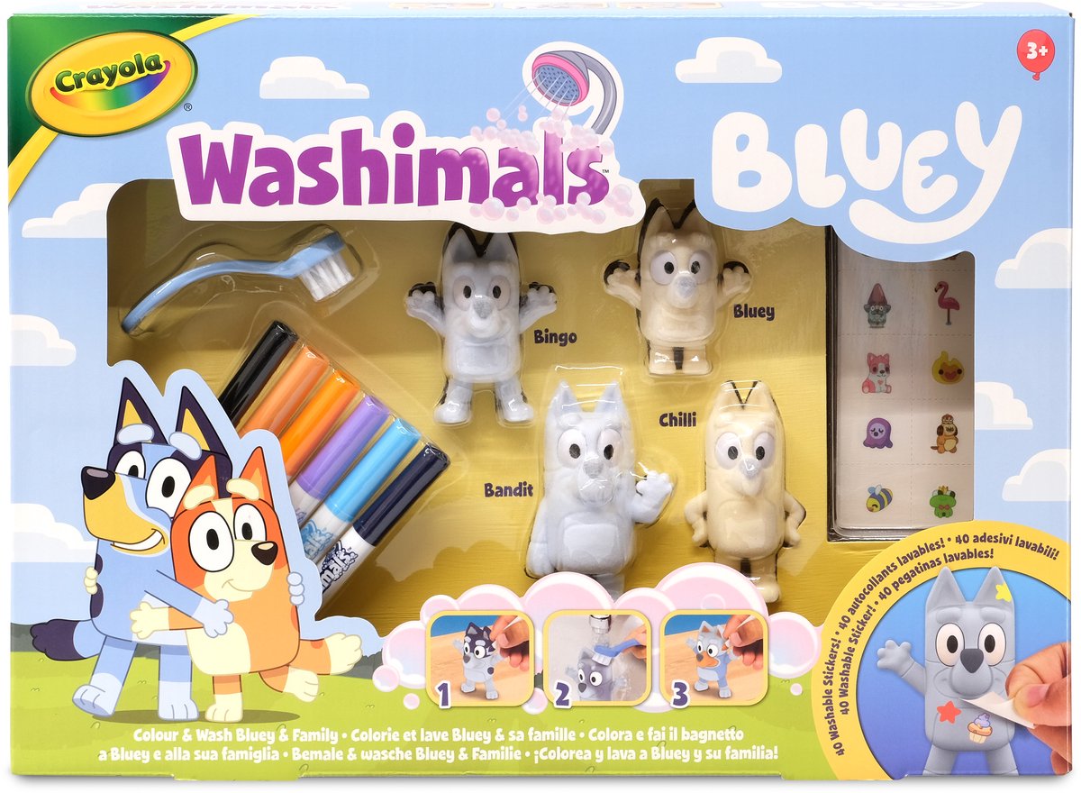 Washimals Crayola - blu - set artigianale con adesivi e 4 cuccioli, 6 pennarelli lavabili, adesivi e pennello - giocattoli e regali per bambini dai 3 anni