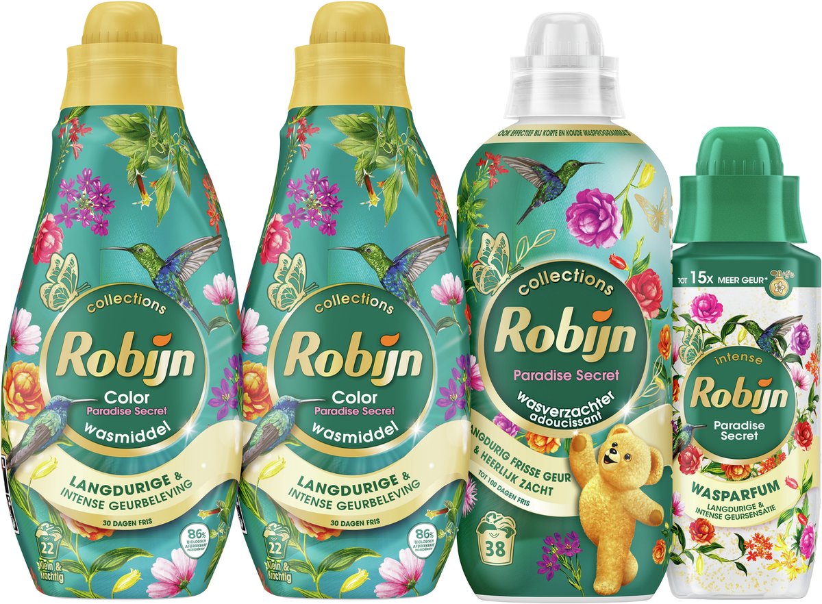 Abbinamento perfetto Robijn - Paradise Secret - 4 pezzi - 2x detersivo + 1 ammorbidente + 1 profumo di lavaggio - confezione risparmio
