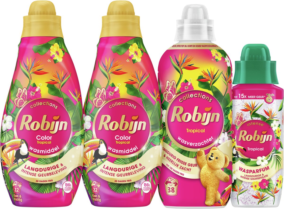 Robijn Perfect Match - Tropical - 4 pezzi - 2x detersivo + 1 ammorbidente + 1 profumo di lavaggio - confezione risparmio
