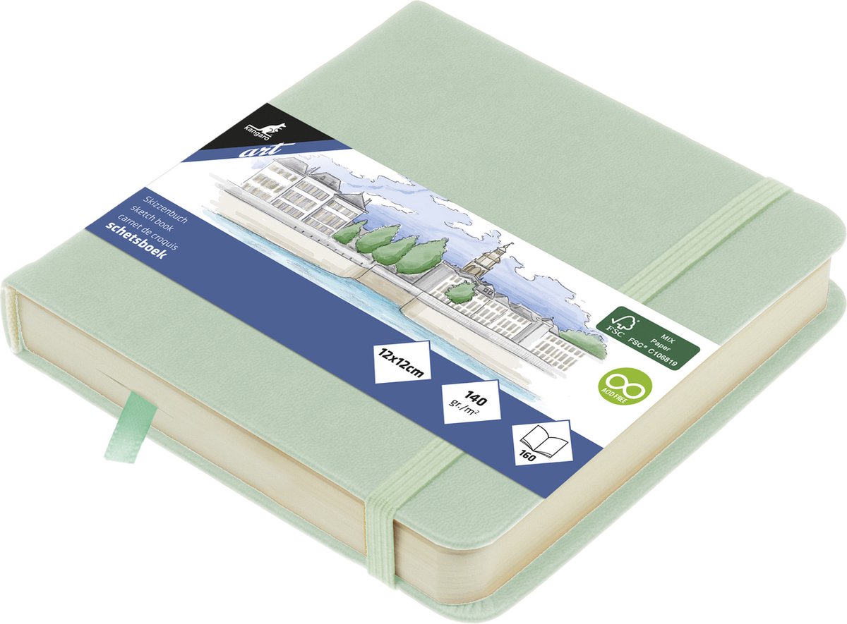 Quaderno per schizzi Kangaro - 12x12 cm - menta - copertina rigida in pu - con elastico e nastro - k-861204
