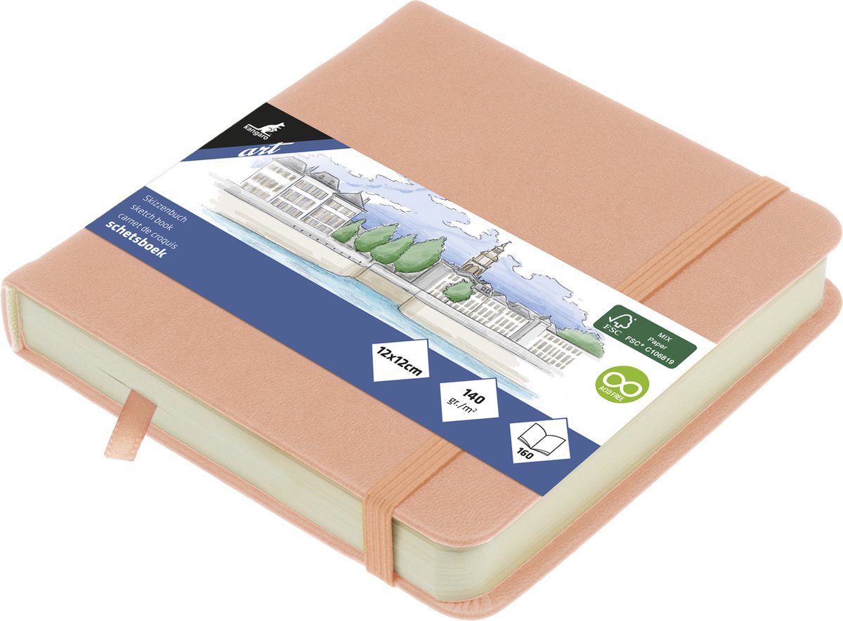 Kangaro schetsboek - 12x12cm - oudroze - pu hardcover - met elastiek en lint