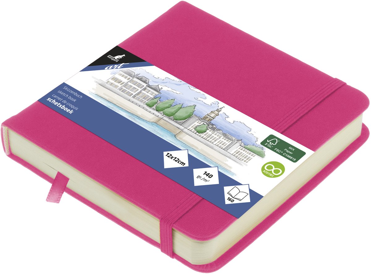 Quaderno per schizzi Kangaro - 12x12 cm - rosa shocking - con elastico e nastro - k-861250