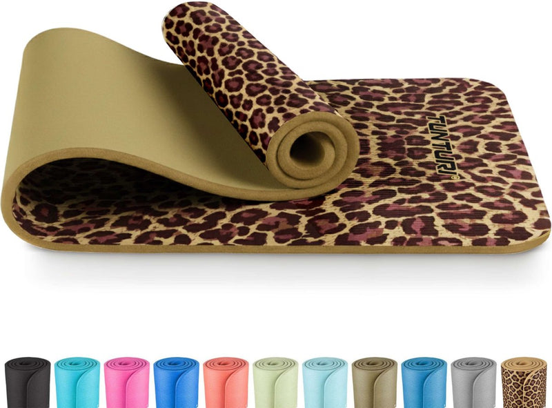 Tunturi nbr estera de yoga antideslizante - estera de fitness extra gruesa suave - estera deportiva - 180x60x1,5 cm - incluye aplicación de entrenamiento - estampado de leopardo - estampado de leopardo