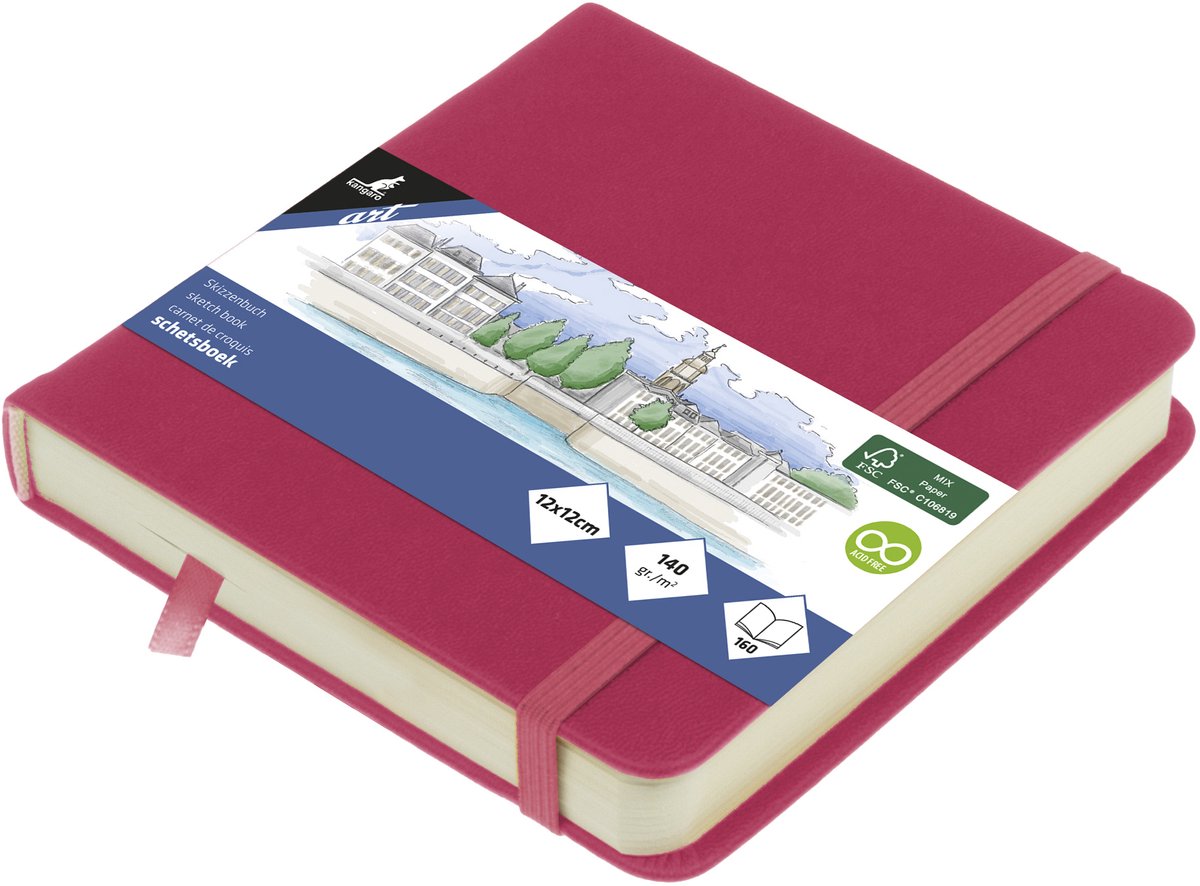 Kangaro schetsboek - 12x12cm - ruby - met elastiek en lint