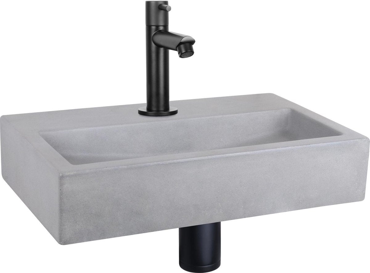 Set fontana piatta Differnz - cemento grigio chiaro - rubinetto dritto nero opaco - 38 x 24 x 8 cm