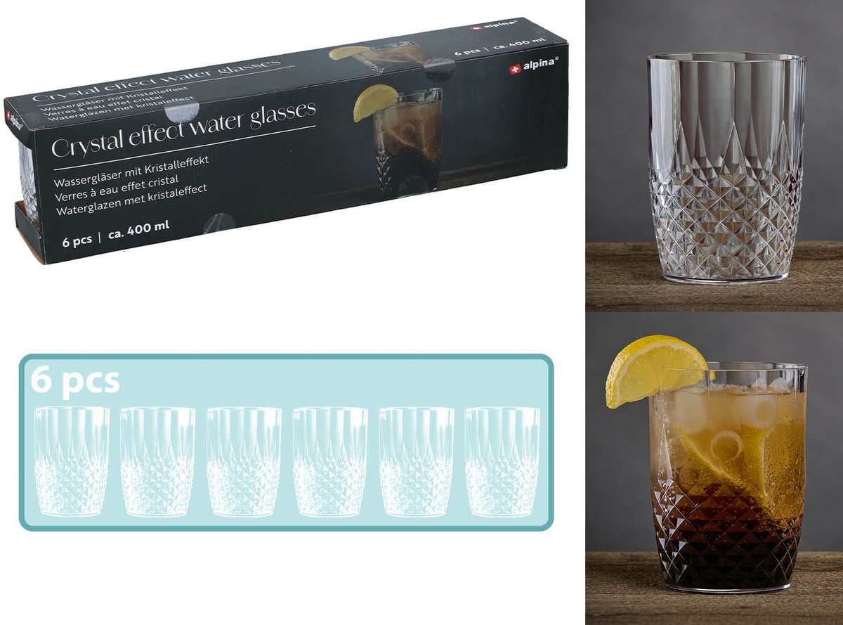 Alpina set 6 bicchieri acqua - 400 ml - plastica - trasparente - lavabili in lavastoviglie - per acqua, bibite e cocktail