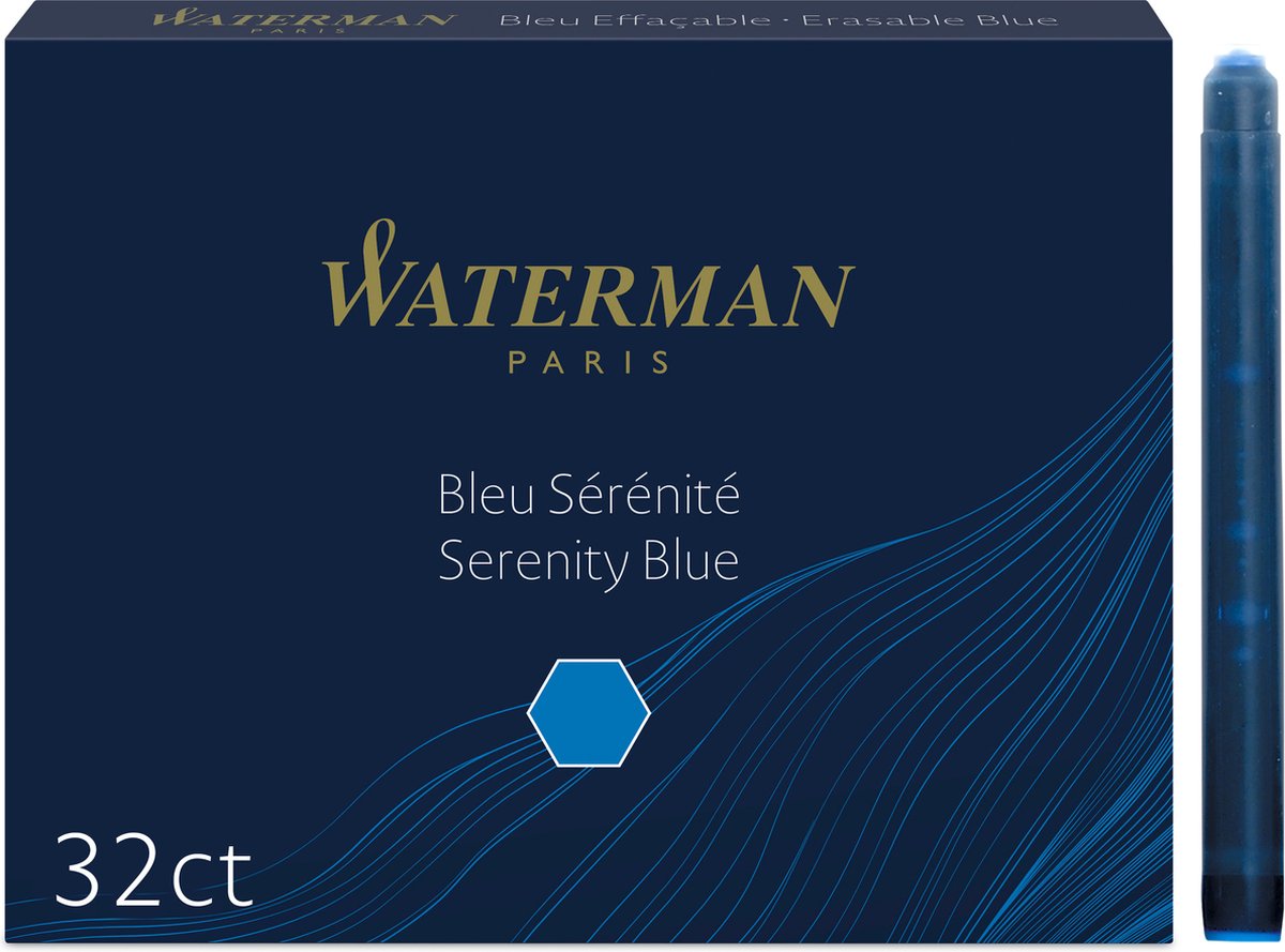 Cartucce d'inchiostro per penne stilografiche Waterman | lungo internazionale | inchiostro blu lavabile | 32 cartucce d'inchiostro