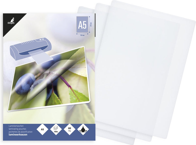 Bolsas laminadas canguro - a5 - 80 micras - brillante - 100 piezas - k-16005