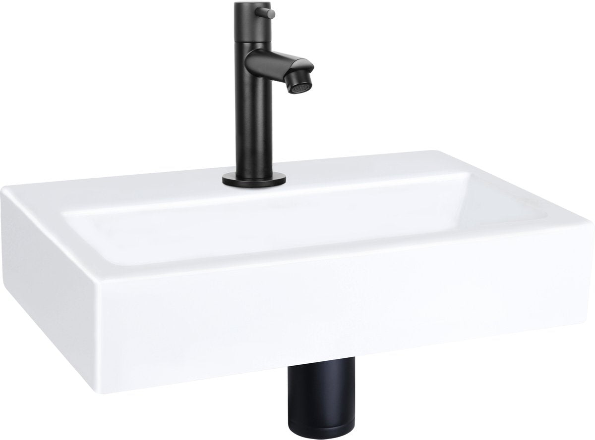 Set fontana piatta Differnz - 38x24x8cm - rettangolo - 1 foro per rubinetto - rubinetto dritto nero opaco - ceramica bianca