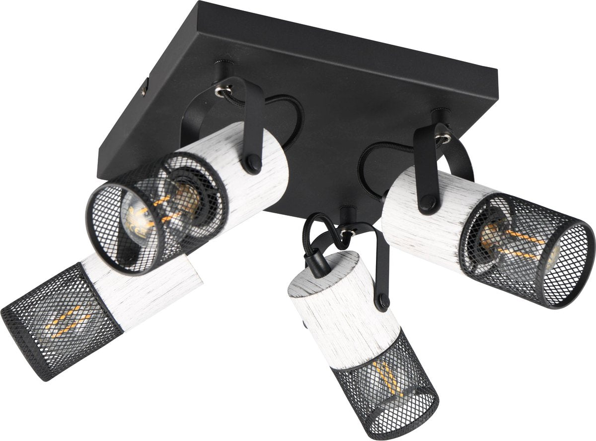 Tosh Trio - spot - bianco e nero - escl. 4x faretti da soffitto e14 15w - elementi in legno in bianco