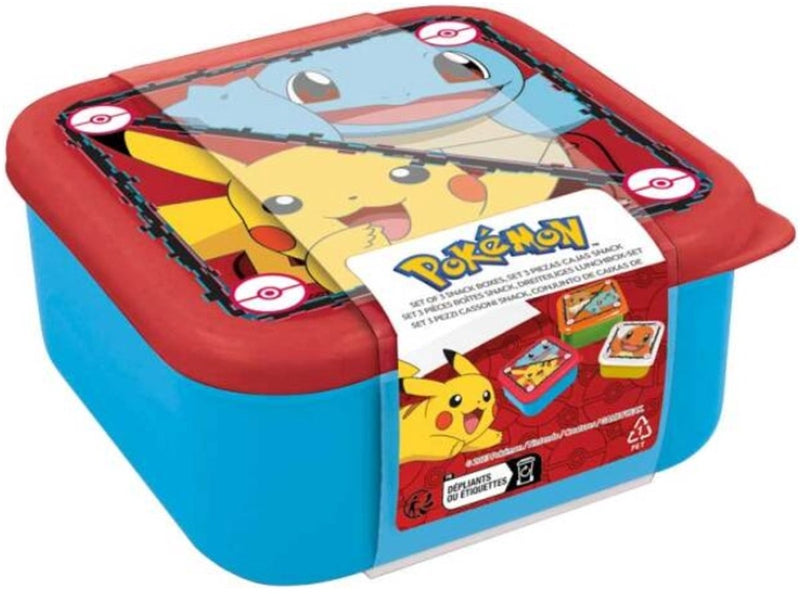 Stor pokémon 3-in-1 snackdoosjes - 3 formaten - vierkant - sluit goed af - lunchboxen voor kinderen - los deksel - geschikt voor koekjes, fruit en snacks - blauw geel groen