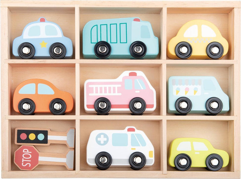Lelin Toys lelin® set di veicoli in legno 9 pezzi - giocattoli in legno con macchinine e veicoli - giocattoli educativi - da 18 mesi