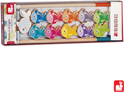 Juego Janod - juego de pesca: vamos a pescar: ¡usa tu caña de pescar e intenta pescar la mayor cantidad de peces! Cada pez vale una determinada cantidad de puntos. Apto para mayores de 2 años.