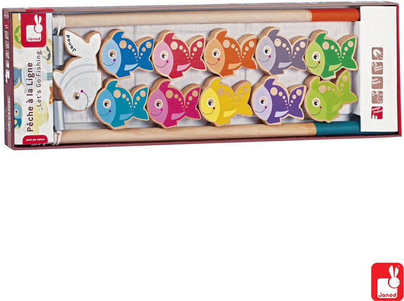 Juego Janod - juego de pesca: vamos a pescar: ¡usa tu caña de pescar e intenta pescar la mayor cantidad de peces! Cada pez vale una determinada cantidad de puntos. Apto para mayores de 2 años.
