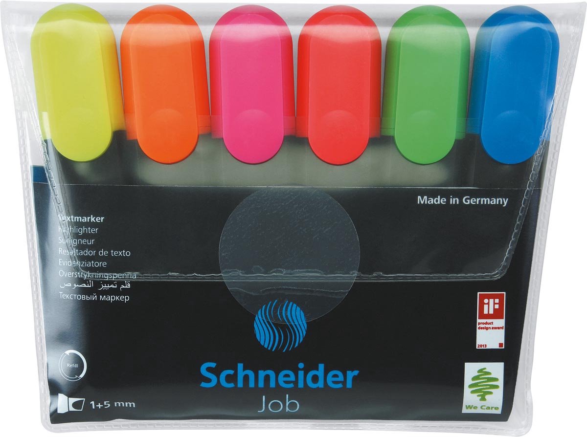 Schneider schrijfwaren schneider markeerstift - tekstmarker - job - 6 stuks assorti kleuren - beitelpunt - s-115096