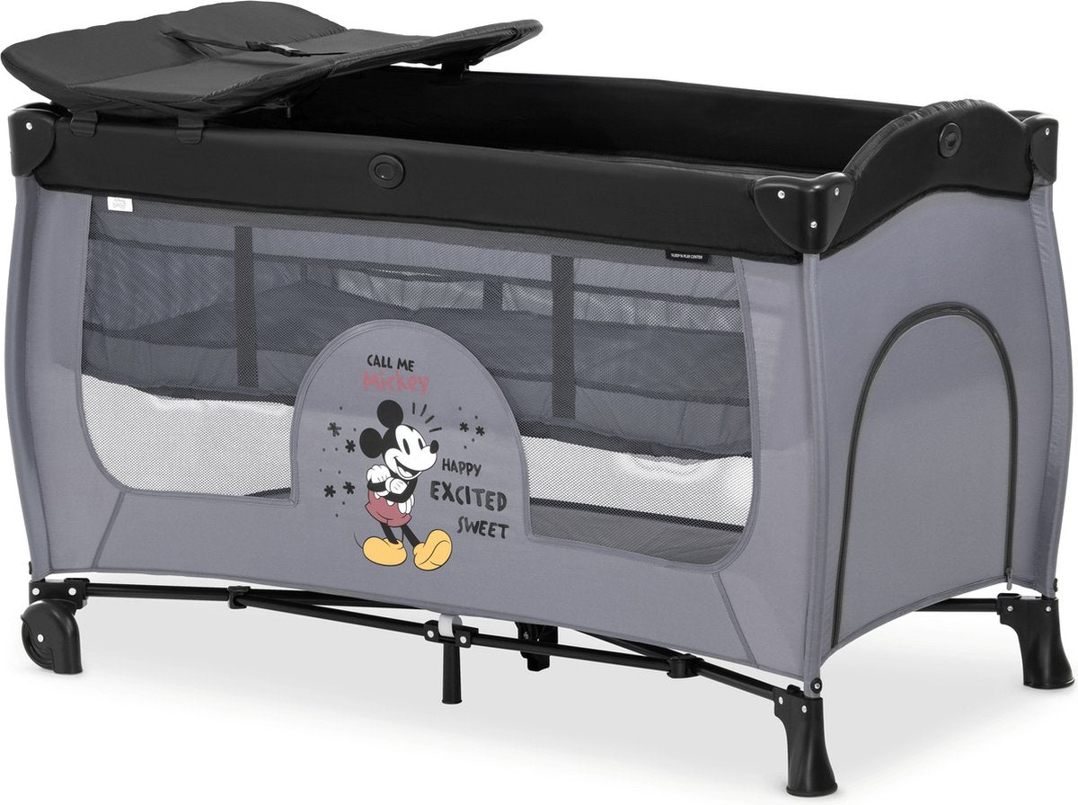 Hauck centro dormir y jugar - 120 x 60 cm - cama de camping - base elevadora - bandeja cambiador - ruedas apertura lateral - mickey mouse gris