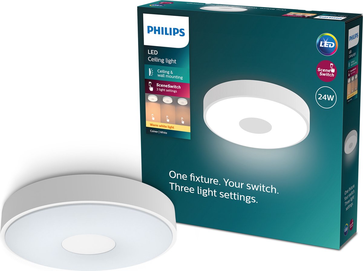 Philips led philips coiner plafondlamp - sceneswitch lichttechnologie - 24w - warmwit licht - wit design