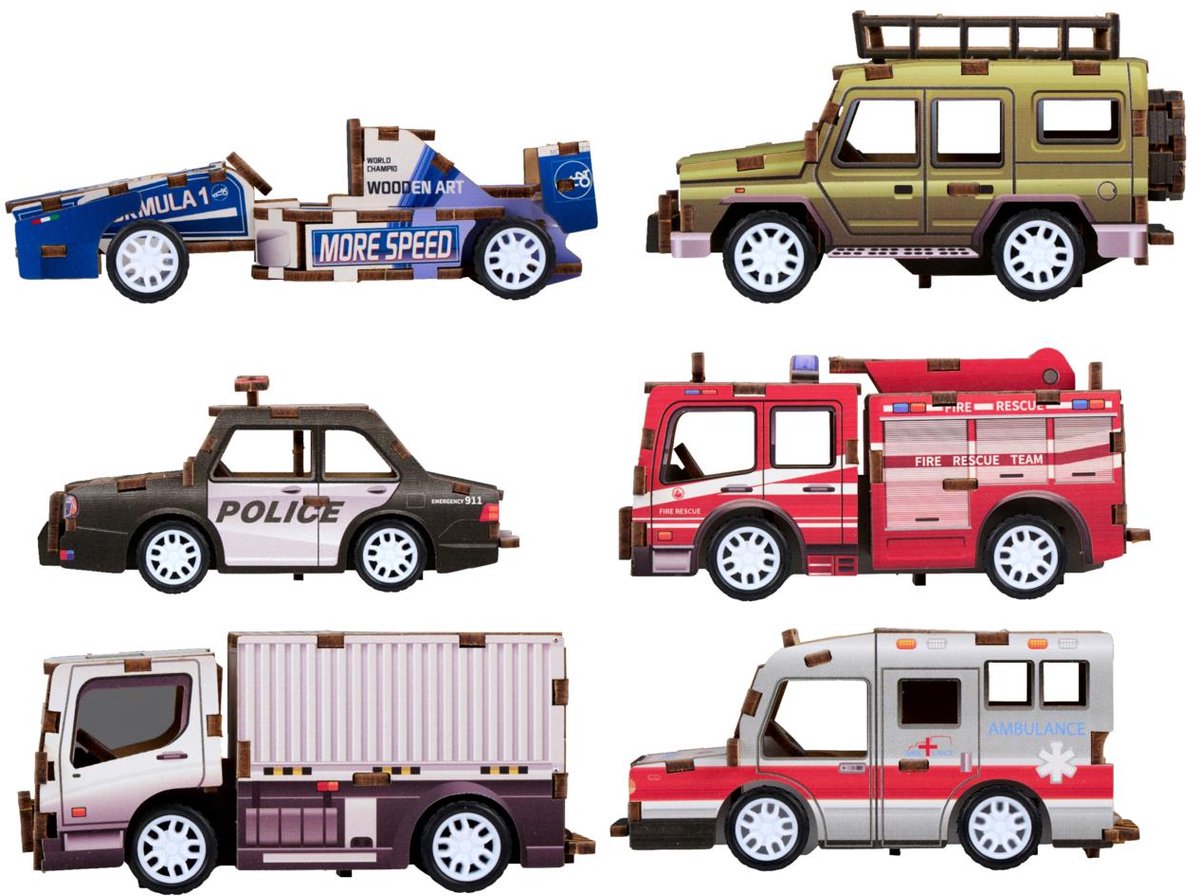Eddy toys wooden vehicle toy set - wooden car toy DIY for children - wooden children's car racing car fire brigade police truck ambulance - 1 random set