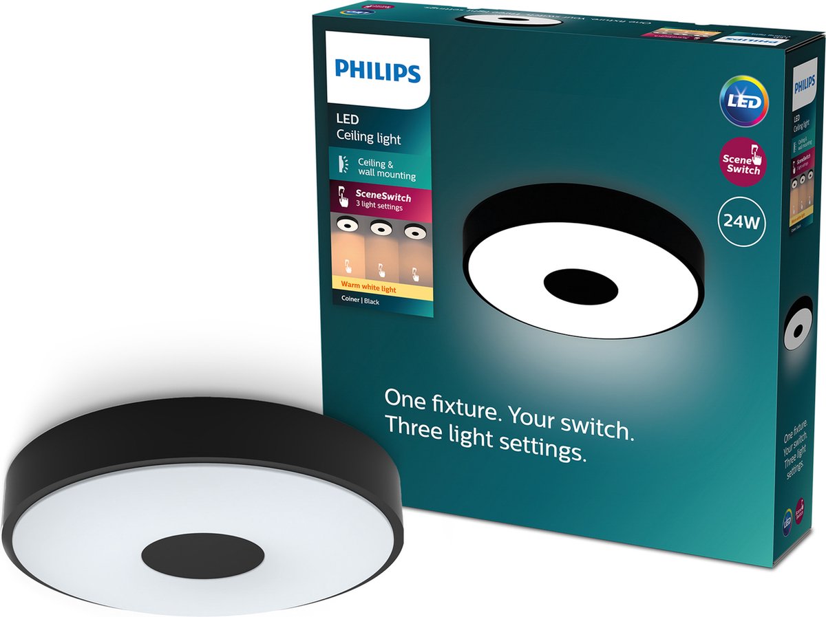 Philips Lámpara de techo LED Philips Coiner - tecnología de iluminación con interruptor de escena - 24w - luz blanca cálida - diseño negro