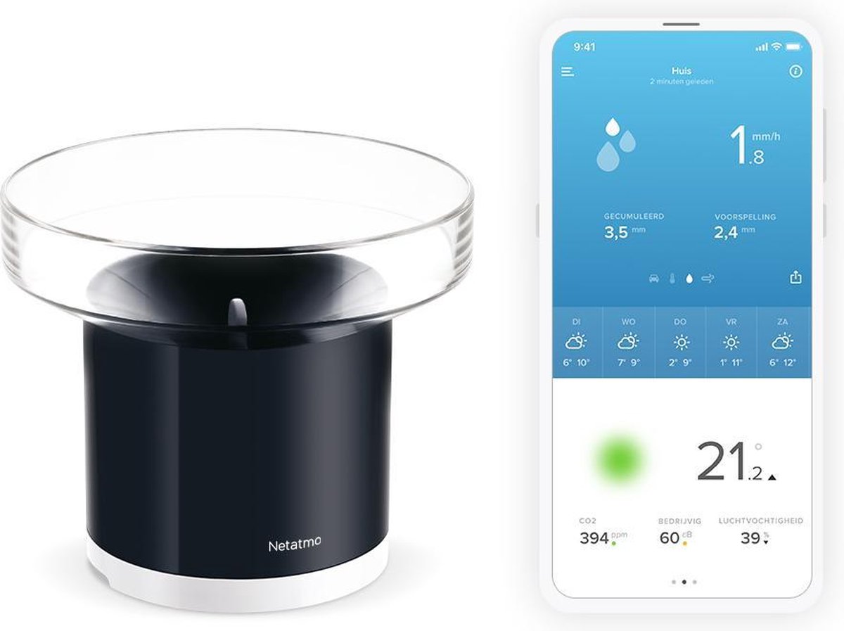 Pluviómetro inteligente Netatmo - medidor de precipitación inalámbrico para estación meteorológica - funciona con Google Home Alexa - con aplicación - negro