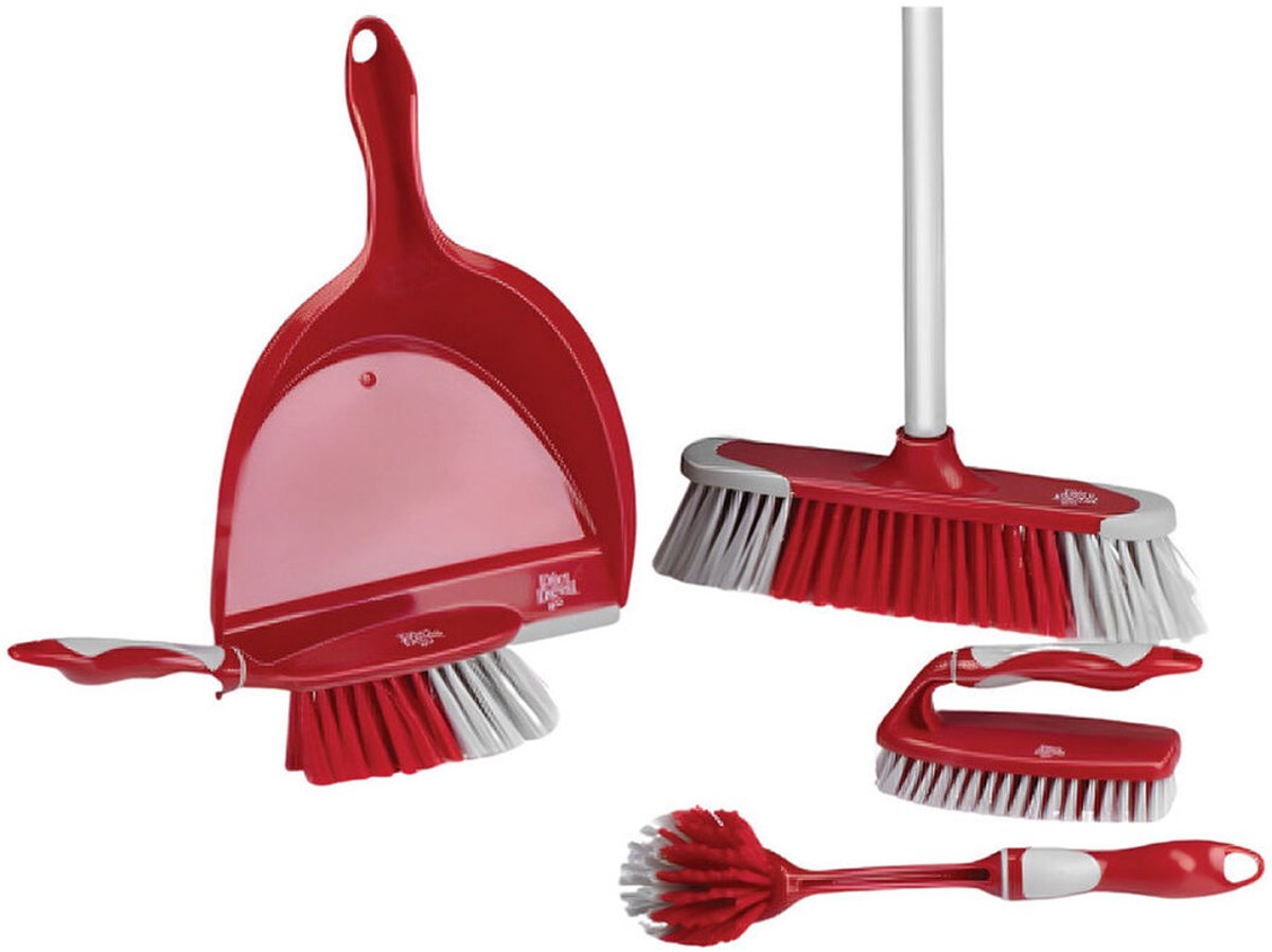 Set pulizia Dirt Devil 6 pezzi - Spazzola lavapiatti lavapavimenti scopa morbida con manico paletta e paletta - rosso grigio