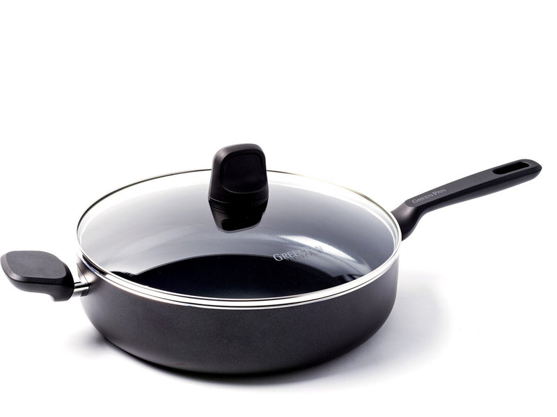Greenpan Memphis padella 28 cm con coperchio - 4,2 l - rivestimento antiaderente senza pfas - padella a induzione - padella in ceramica - resistente al forno fino a 160°C - maniglie fredde - con coperchio in vetro - nera