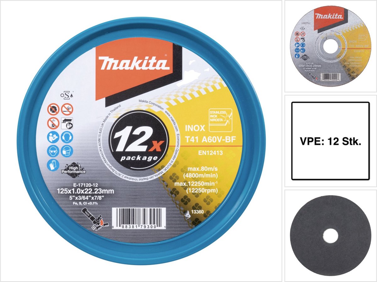 Makita e-17120-12 doorslijpschijf recht 125 mm 12 stuk(s) metaal, rvs