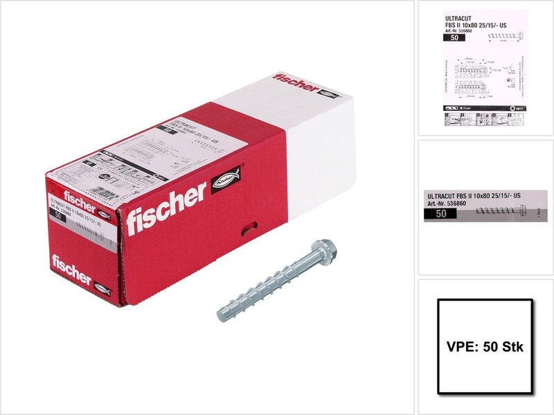 Fischer - fbs ii - tornillo para hormigón - 10 x 80 mm - cabeza hexagonal (50 piezas)