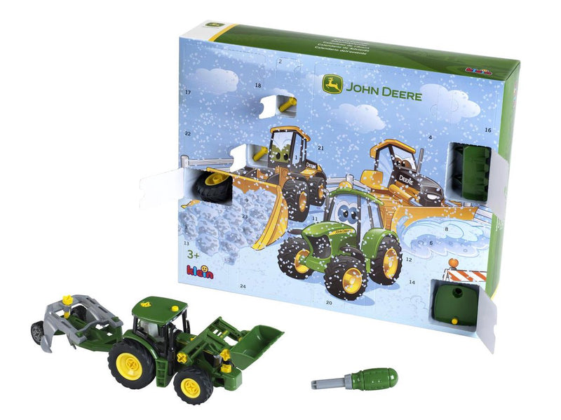 Calendario de adviento john deere klein juguetes - 24 puertas - juego de construcción tractor 6215 r - verde amarillo