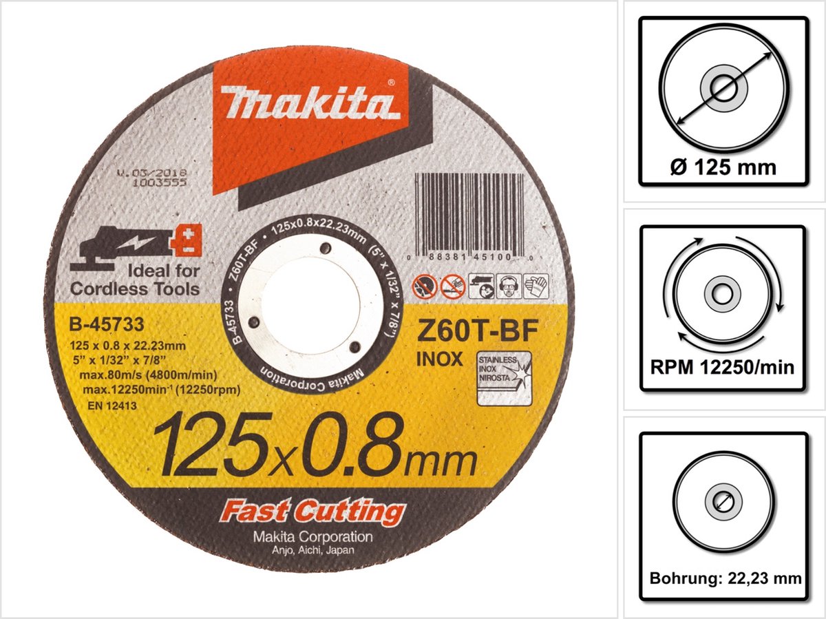 Disco de corte Makita b-45733 - 125 x 22,23 x 0,8 mm - acero inoxidable - acero inoxidable