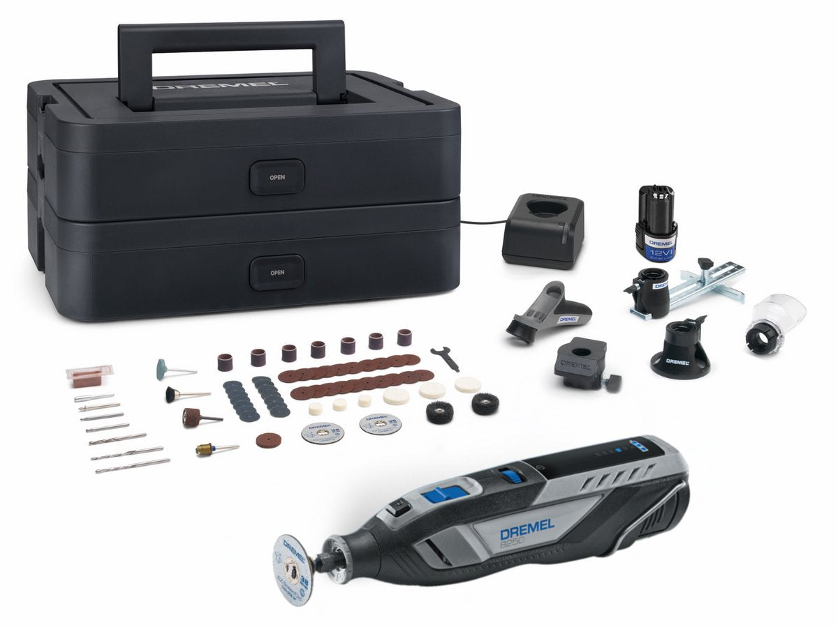 Dremel 8250-5 65 platinum+ - multitool - inclusief 2x 12v 2.0 ah accu - 65 accessoires - detailhandgreep - lijn-en circkelgeleider - bewerkingsplatform - comfort guard hulpstuk - frees hulpstuk - lader -