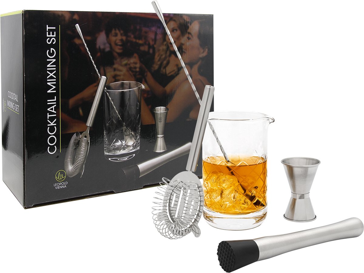 Leopold Vienna - set da cocktail da 5 pezzi (bicchiere, cucchiaio da bar, pestello, pipetta, colino) - set regalo